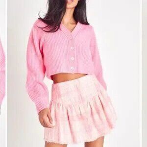 NEW LOVESHACKFANCY Women's Lively Fringed Tweed Mini Skirt In Pink XS